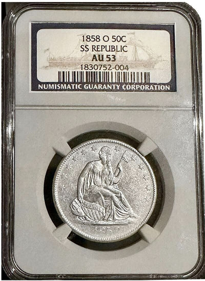 SS Republic Shipwreck 1858-O Silver Half Dollar NGC AU 53 - Rare Straight Grade