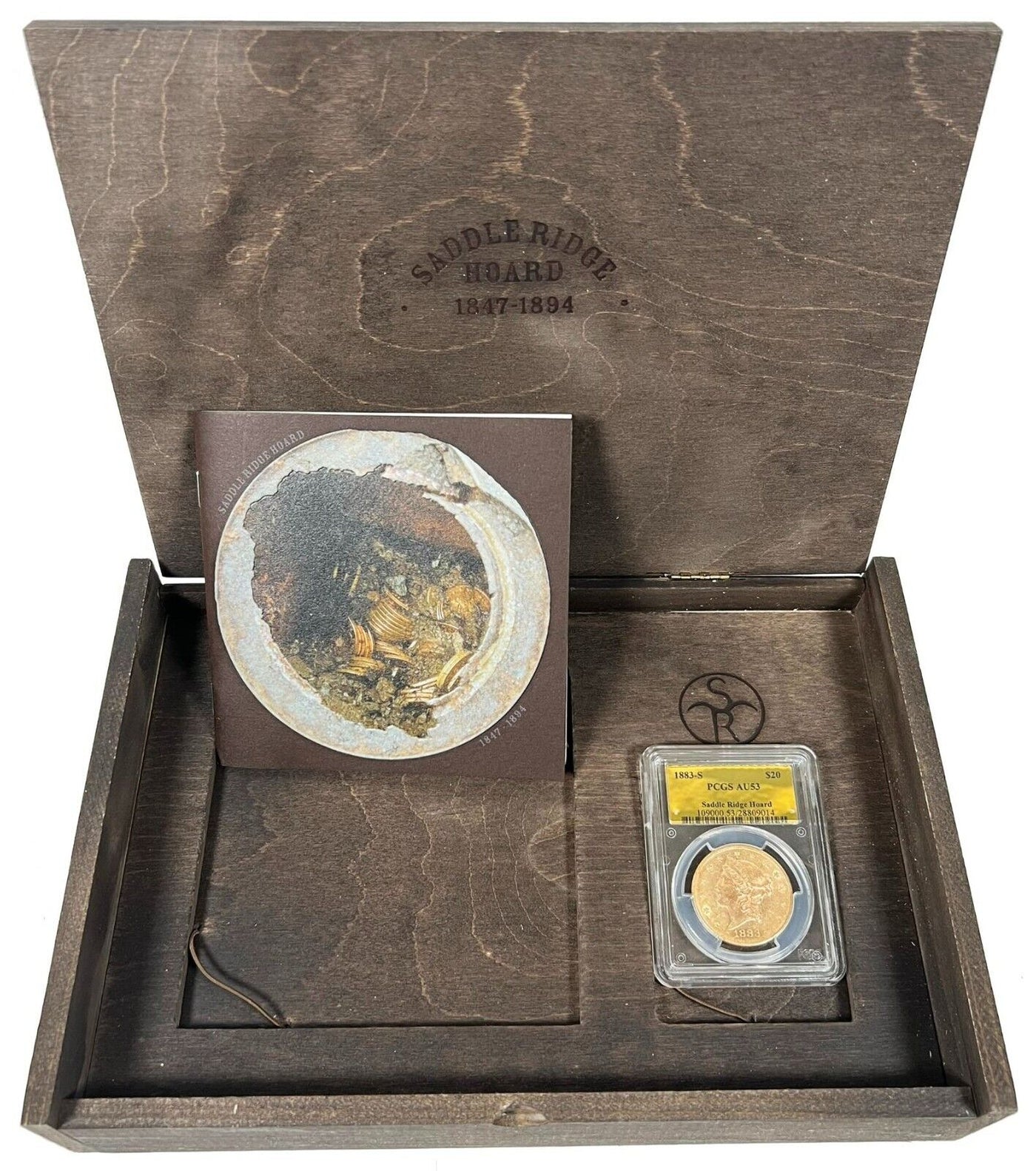 1883-S Liberty Head Gold Double Eagle $20 PCGS AU53 Saddle Ridge Hoard Label Box