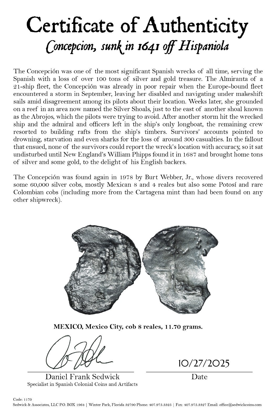 Concepcion Shipwreck (1641) MEXICO Mexico City Silver Cob 8 Reales with COA 1170