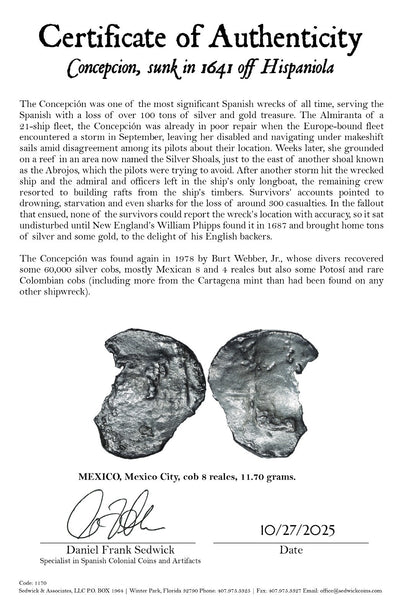 Concepcion Shipwreck (1641) MEXICO Mexico City Silver Cob 8 Reales with COA 1170