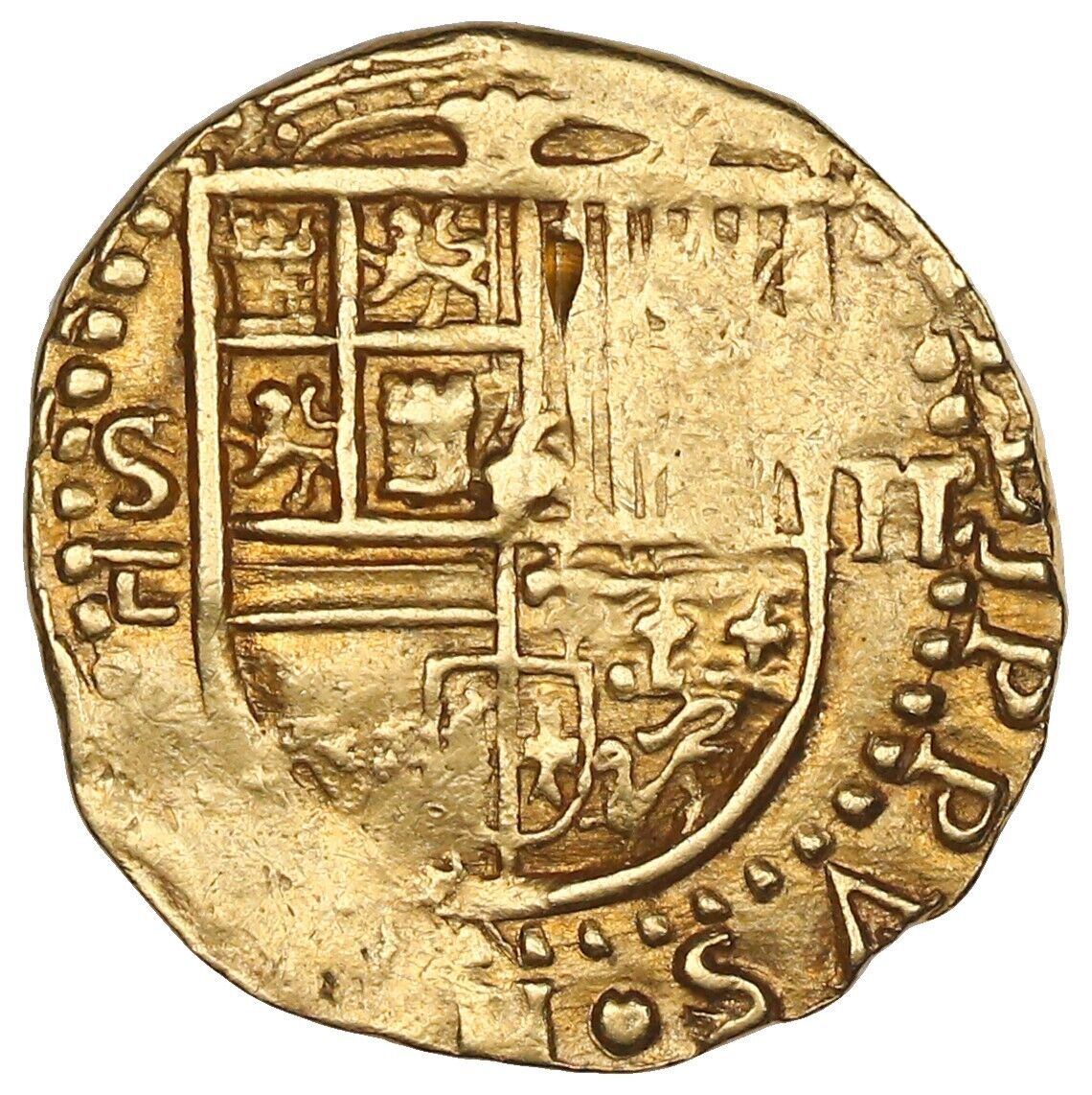 Spain Seville Gold Cob 2 Escudos Philip II Assayer Gothic D with open right side