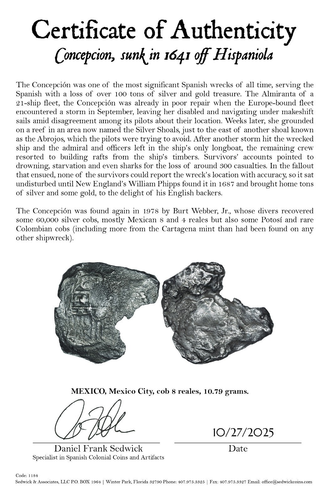 Concepcion Shipwreck (1641) MEXICO Mexico City Silver Cob 8 Reales with COA 1184