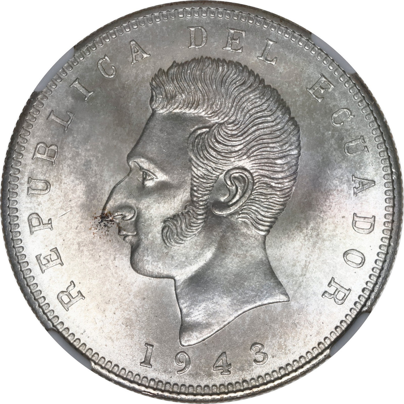 ECUADOR, struck at the Mexico City Mint, 5 sucres, 1943, NGC MS 66, "top pop."