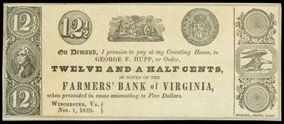 Winchester Farmers' Bank of Virginia George F. Hupp 12-1/2 Cents Nov. 1, 1839