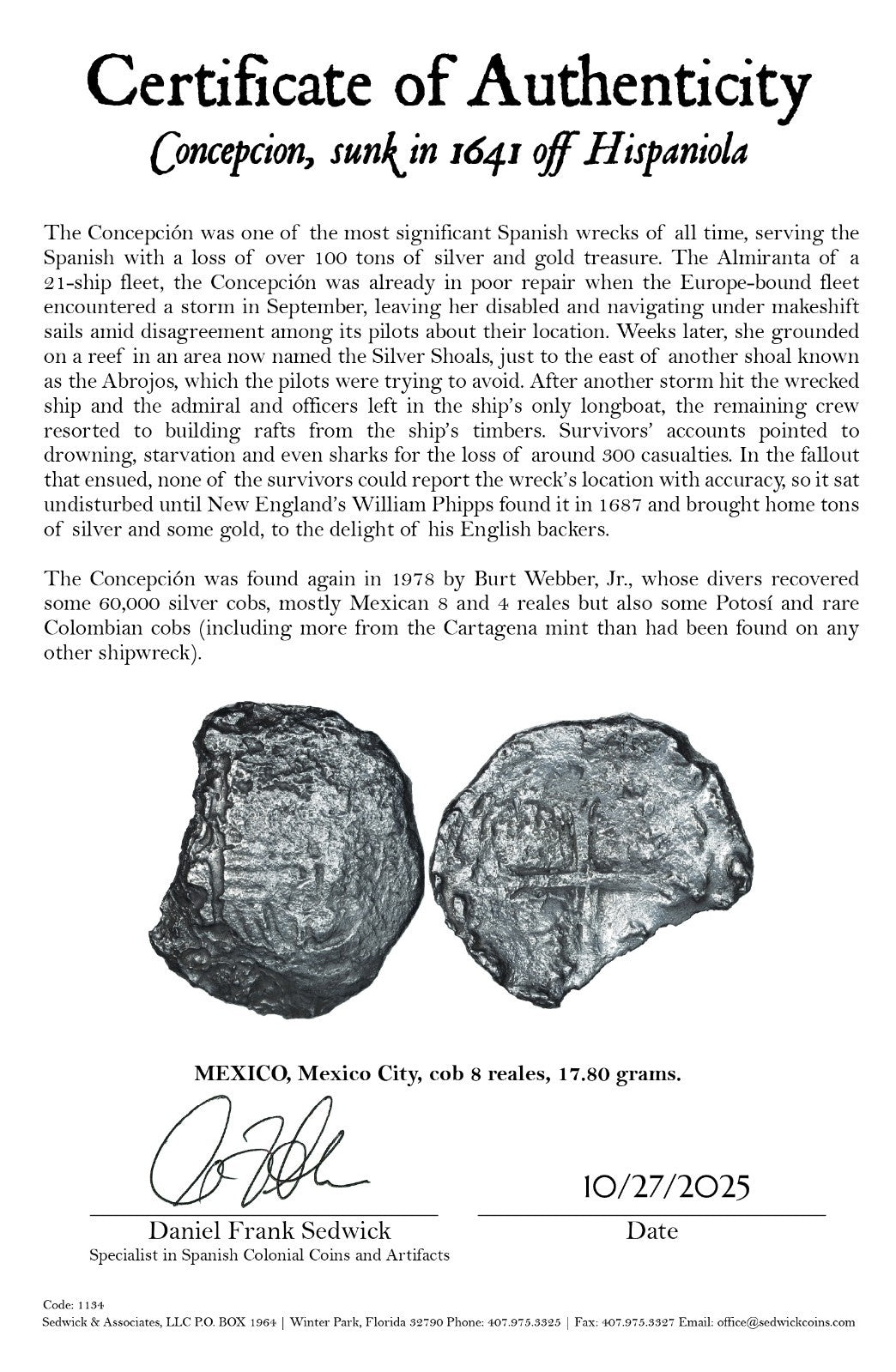 Concepcion Shipwreck (1641) MEXICO Mexico City Silver Cob 8 Reales with COA 1134