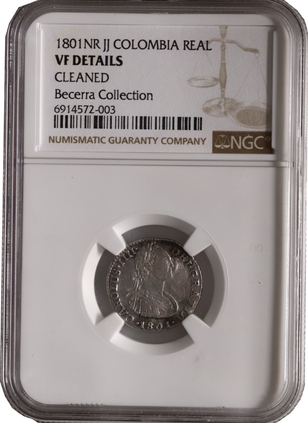 COLOMBIA, Bogotá, bust 1 real, Charles IV, 1801 JJ, NGC VF details / cleaned
