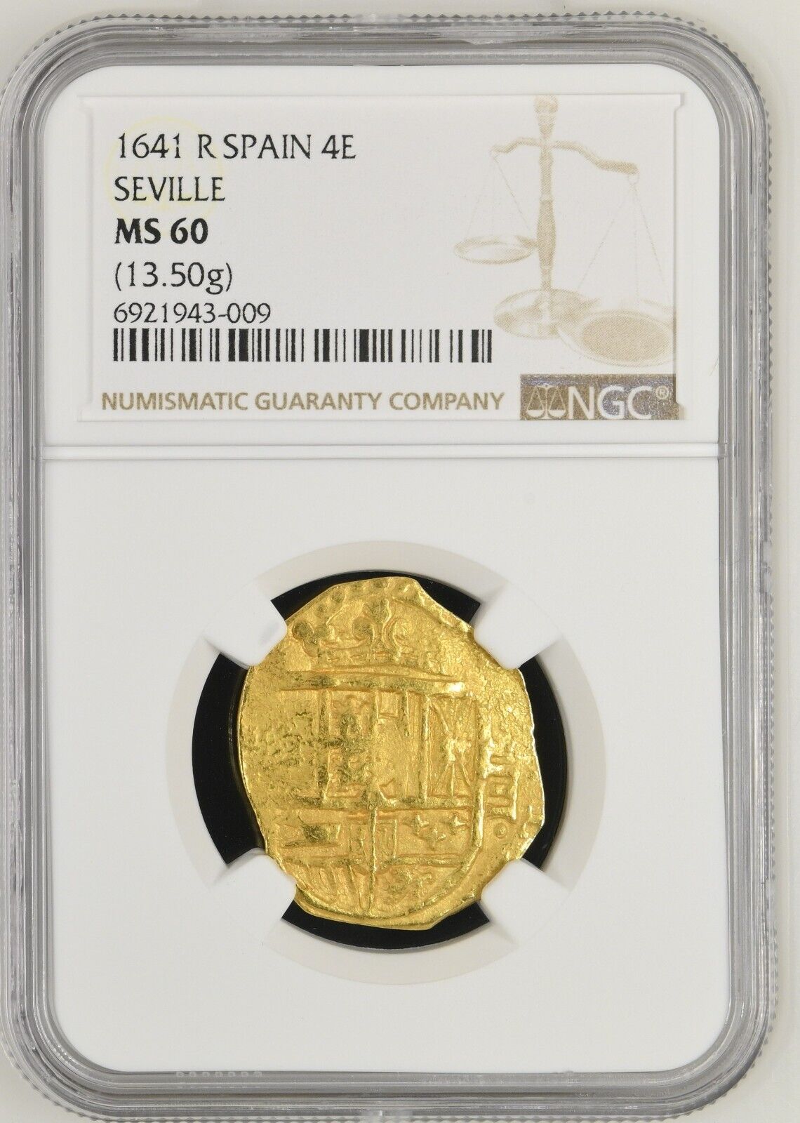 SPAIN Seville Gold Cob 4 Escudos 1641 (R) Certified NGC MS 60 Rare