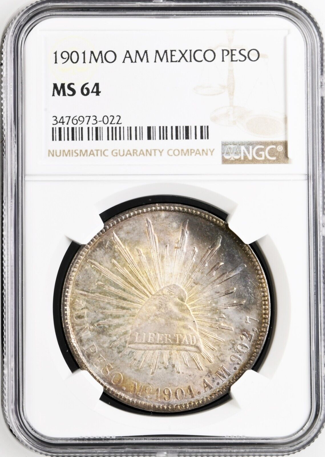 MEXICO Mexico City Silver Cap-and-Rays 1 Peso 1901 AM NGC MS 64 Toned KM-409.2