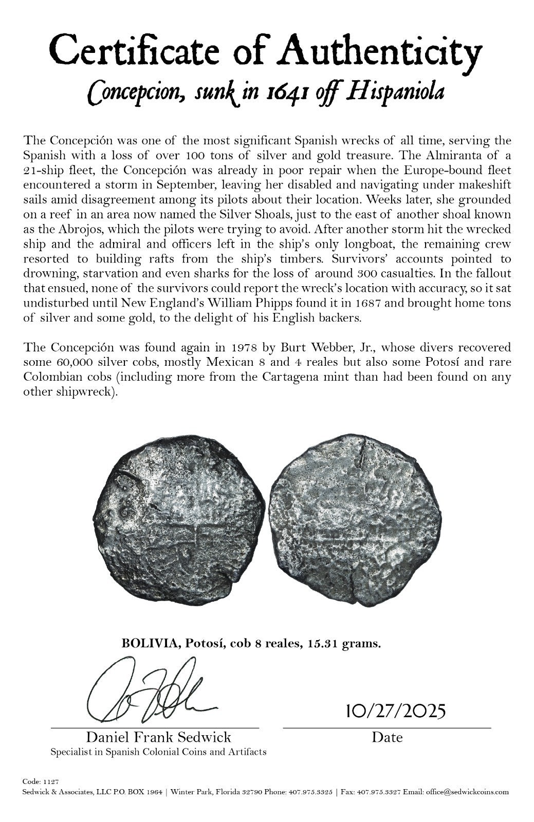 Concepcion Shipwreck (1641) BOLIVIA Potosí Silver Cob 8 Reales with COA 1127