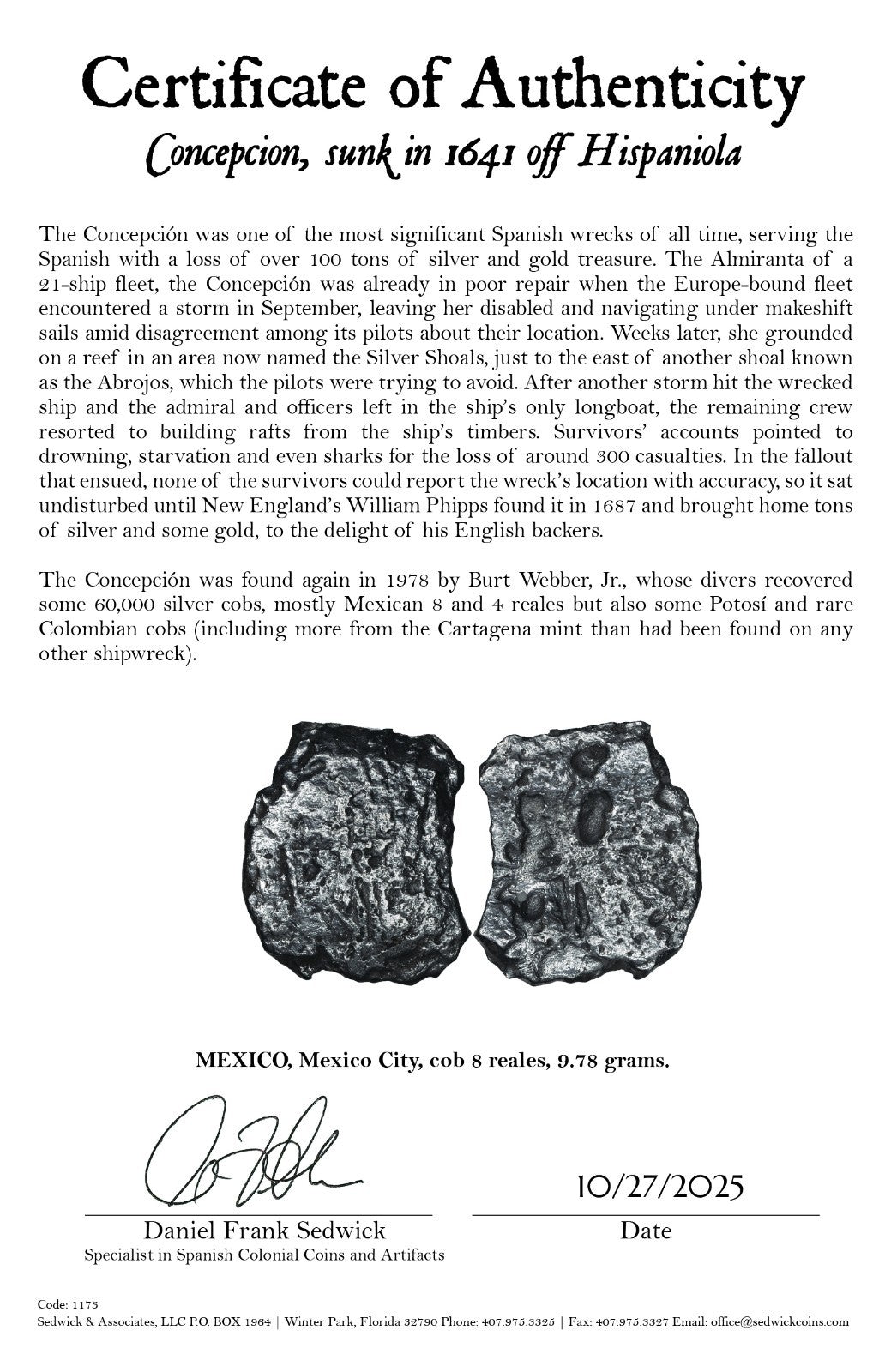 Concepcion Shipwreck (1641) MEXICO Mexico City Silver Cob 8 Reales with COA 1173