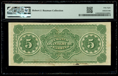 ARGENTINA Gualeguaychu Banco Domingo Garbino 5 Pesos 1869 PMG AU 58 ex-Bauman