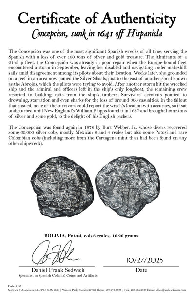 Concepcion Shipwreck (1641) MEXICO Mexico City Silver Cob 8 Reales with COA 1187