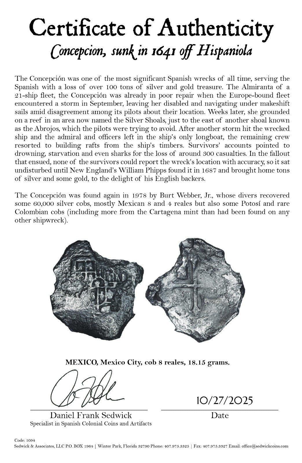 Concepcion Shipwreck (1641) MEXICO Mexico City Silver Cob 8 Reales with COA 1094