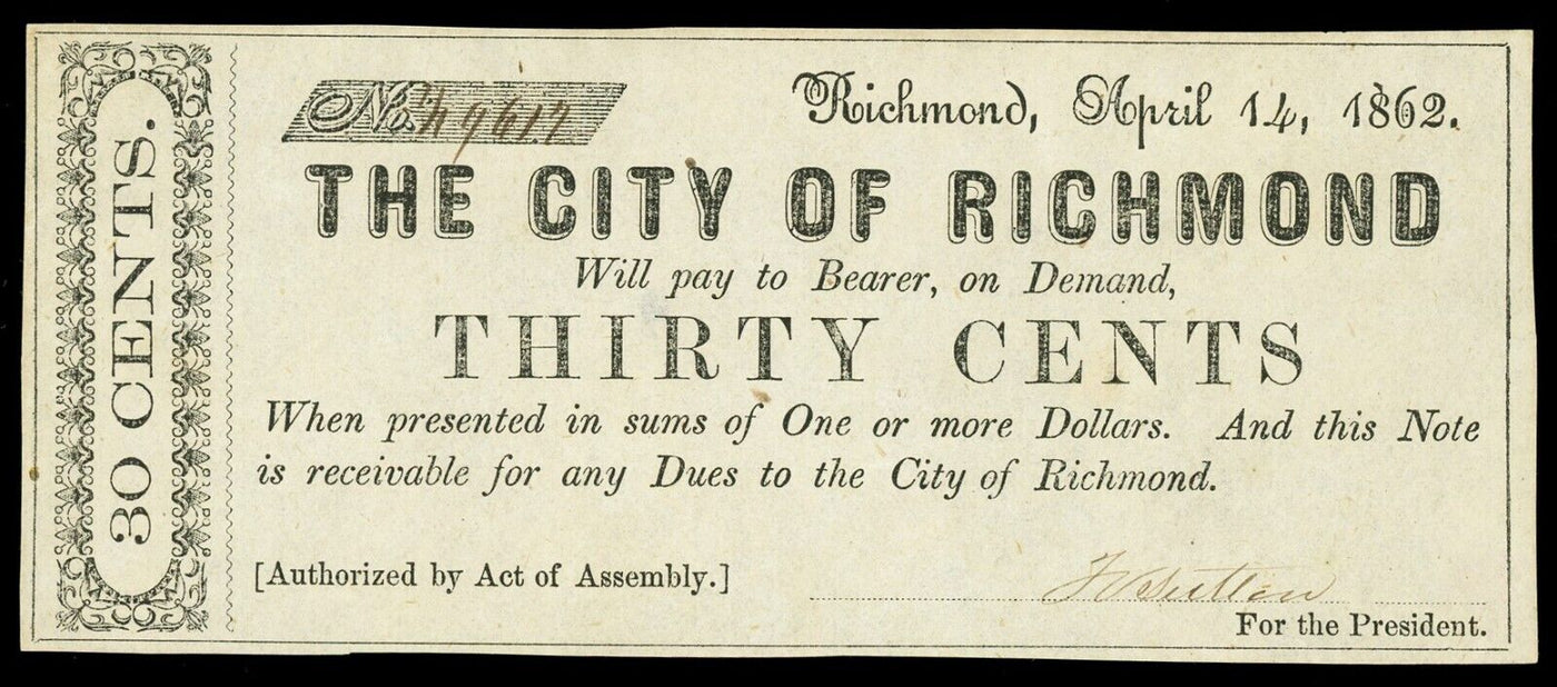 Richmond Virginia City of Richmond 30 Cents Apr. 14, 1862 Civil War Note