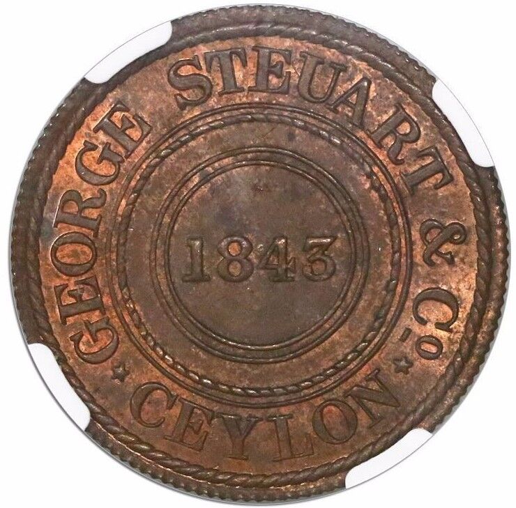 Ceylon, bronze 19-cents token, 1843 (1881), George Steuart & Co