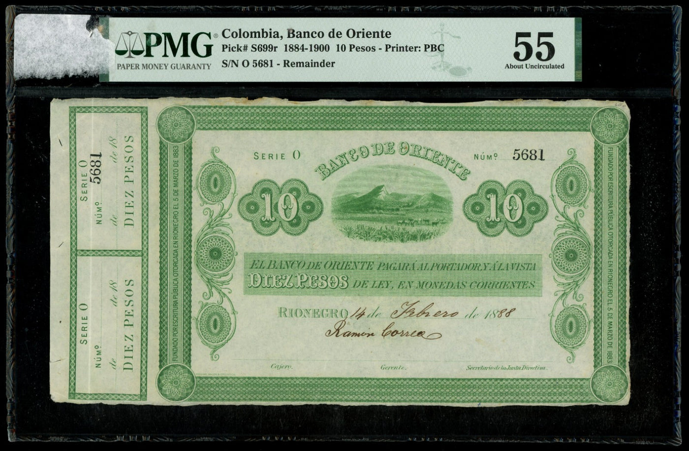 COLOMBIA Rionegro Banco de Oriente 10 Pesos (1884-1900) PMG AU 55 Pick-S699r