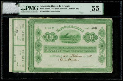 COLOMBIA Rionegro Banco de Oriente 10 Pesos (1884-1900) PMG AU 55 Pick-S699r