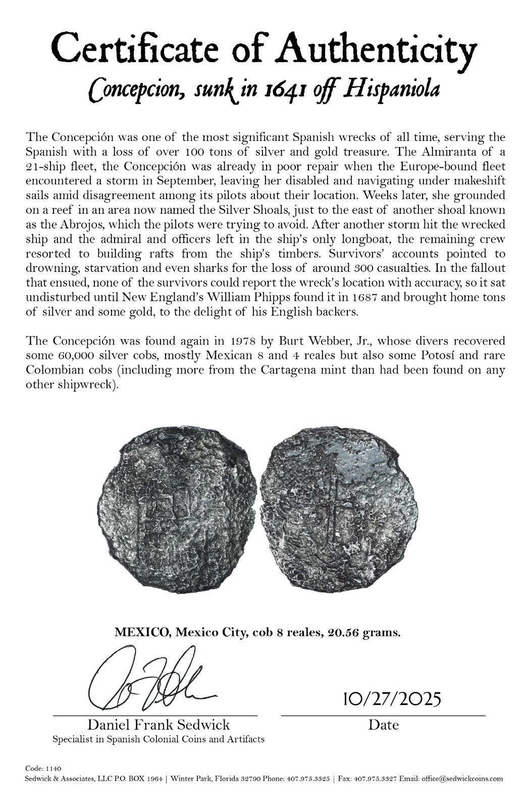 Concepcion Shipwreck (1641) MEXICO Mexico City Silver Cob 8 Reales with COA 1140