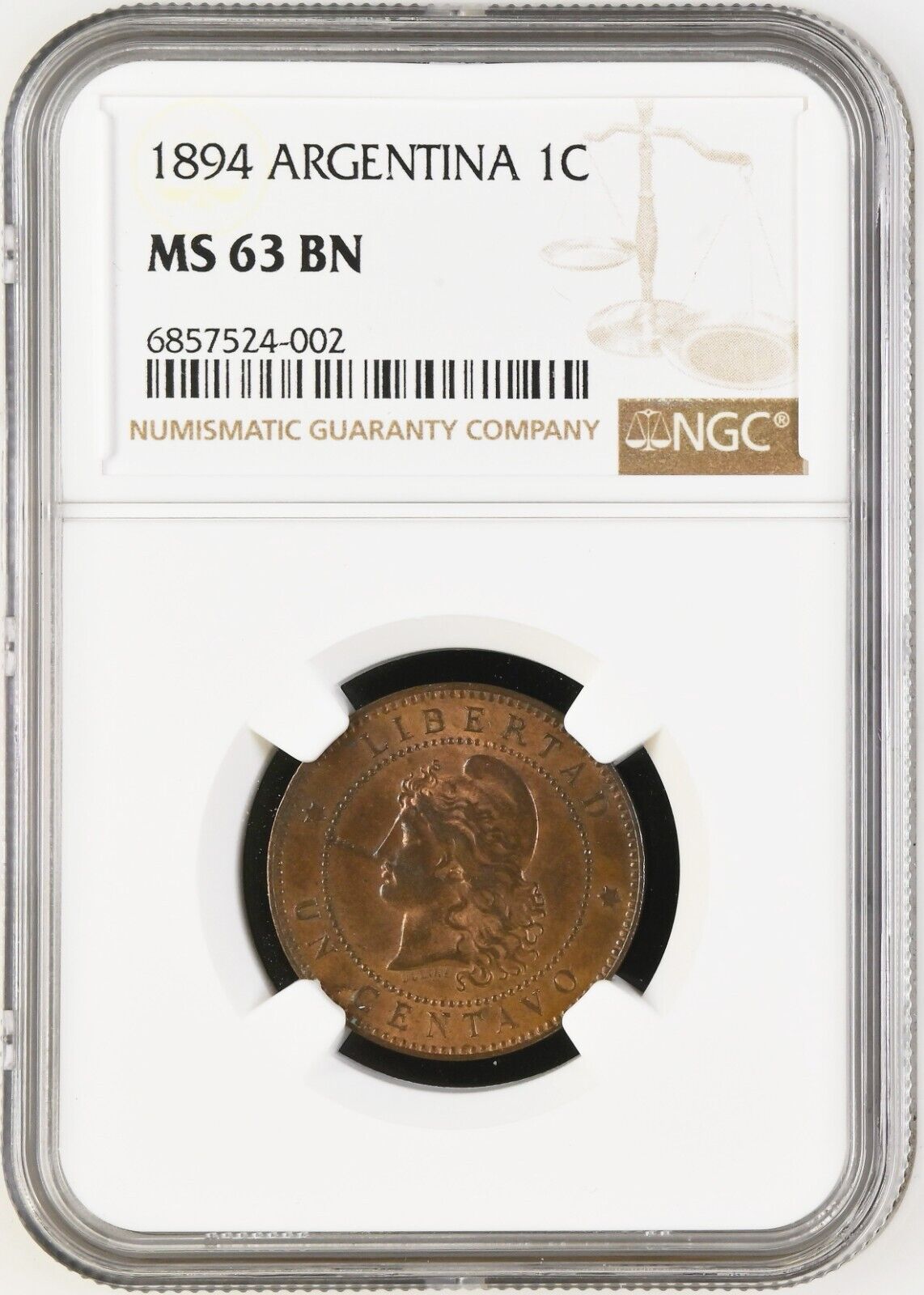 Argentina Copper 1 Centavo 1894 high and separate 4 NGC MS63 Brown KM-32