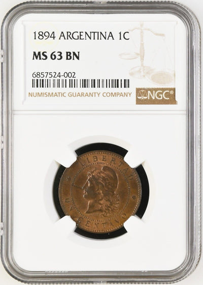 Argentina Copper 1 Centavo 1894 high and separate 4 NGC MS63 Brown KM-32