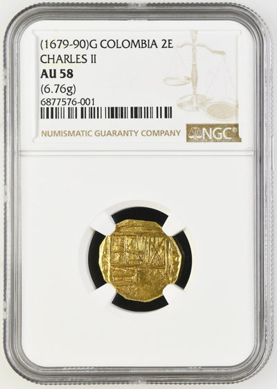 COLOMBIA Bogotá Gold Cob 2 Escudos Charles II Assayer G NGC AU 58 "Top Pop"