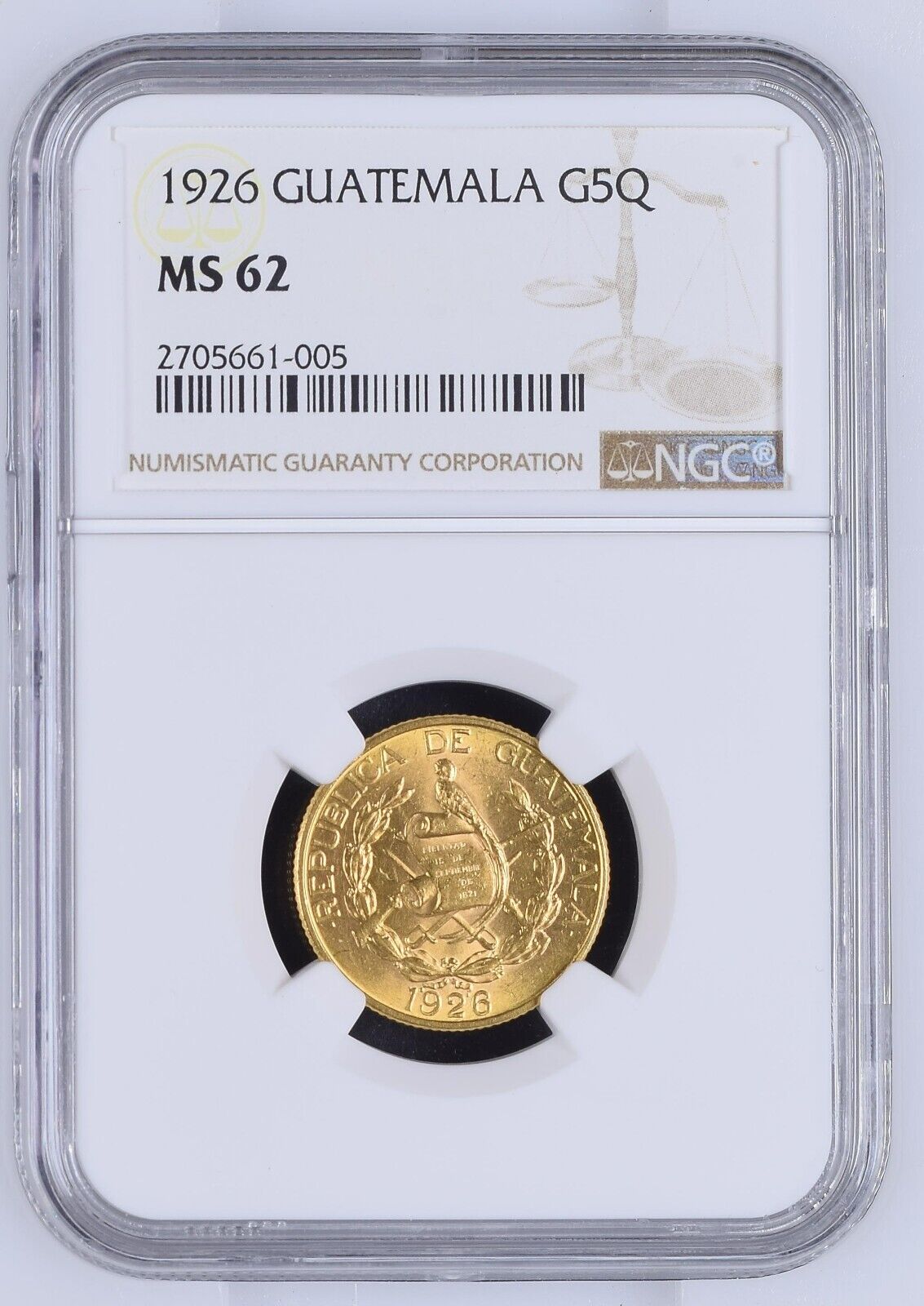 GUATEMALA Gold 5 Quetzales 1926 NGC MS 62 KM-244 Fr-50