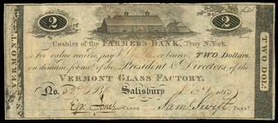 Salisbury Vermont Glass Factory $2 Dec. 1, 1813 payable Troy, NY Farmers Bank