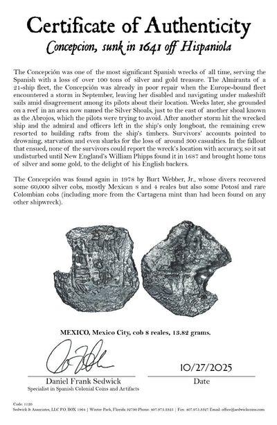 Concepcion Shipwreck (1641) MEXICO Mexico City Silver Cob 8 Reales with COA 1120