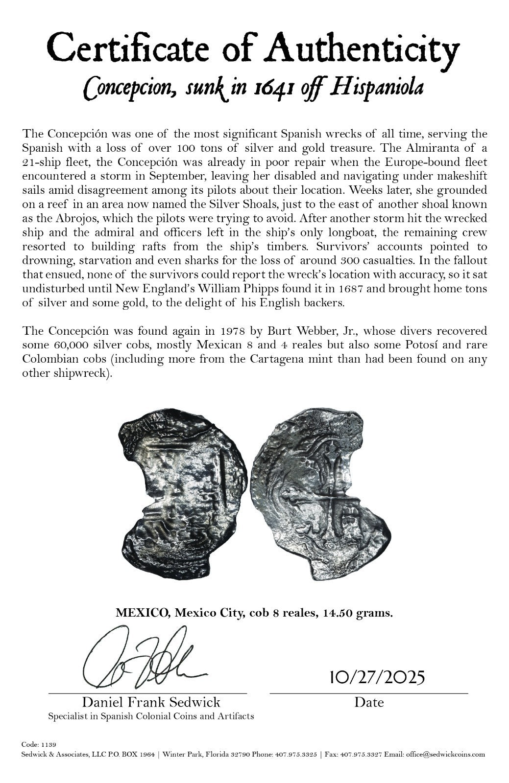 Concepcion Shipwreck (1641) MEXICO Mexico City Silver Cob 8 Reales with COA 1139