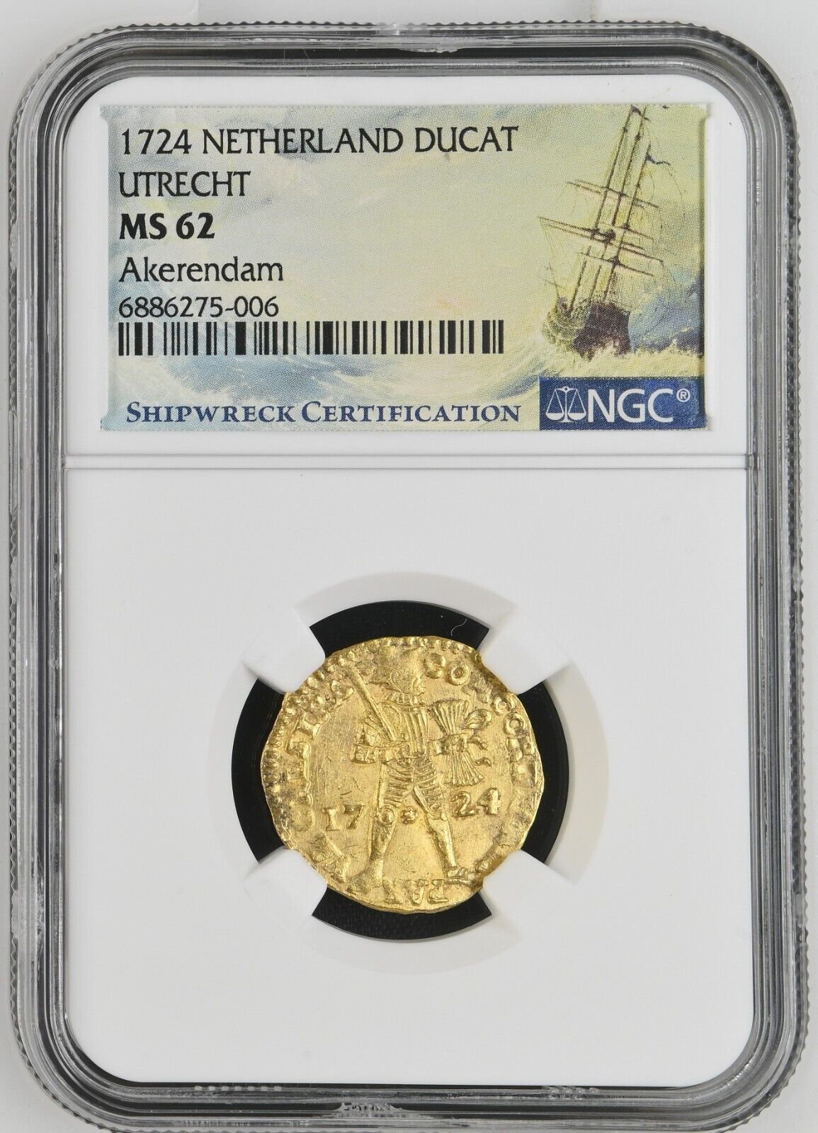 Akerendam Shipwreck (1725) Netherlands Utrecht Gold Ducat 1724 NGC MS 62