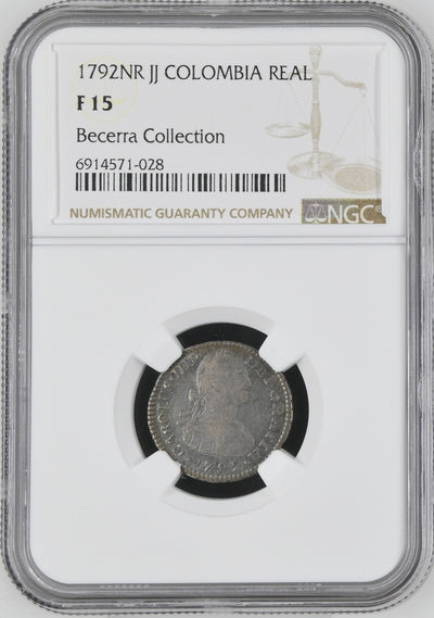 COLOMBIA, Bogotá, bust 1 real, Charles IV, 1792 J•J, no • in mintmark, NGC F 15