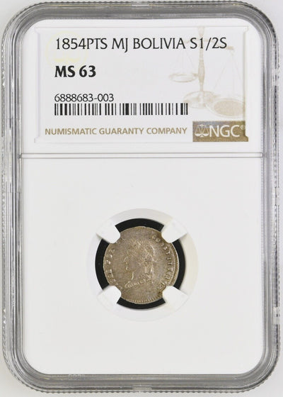 BOLIVIA Potosí Silver 1/2 Sol 1854 MJ NGC MS 63 KM-118.1