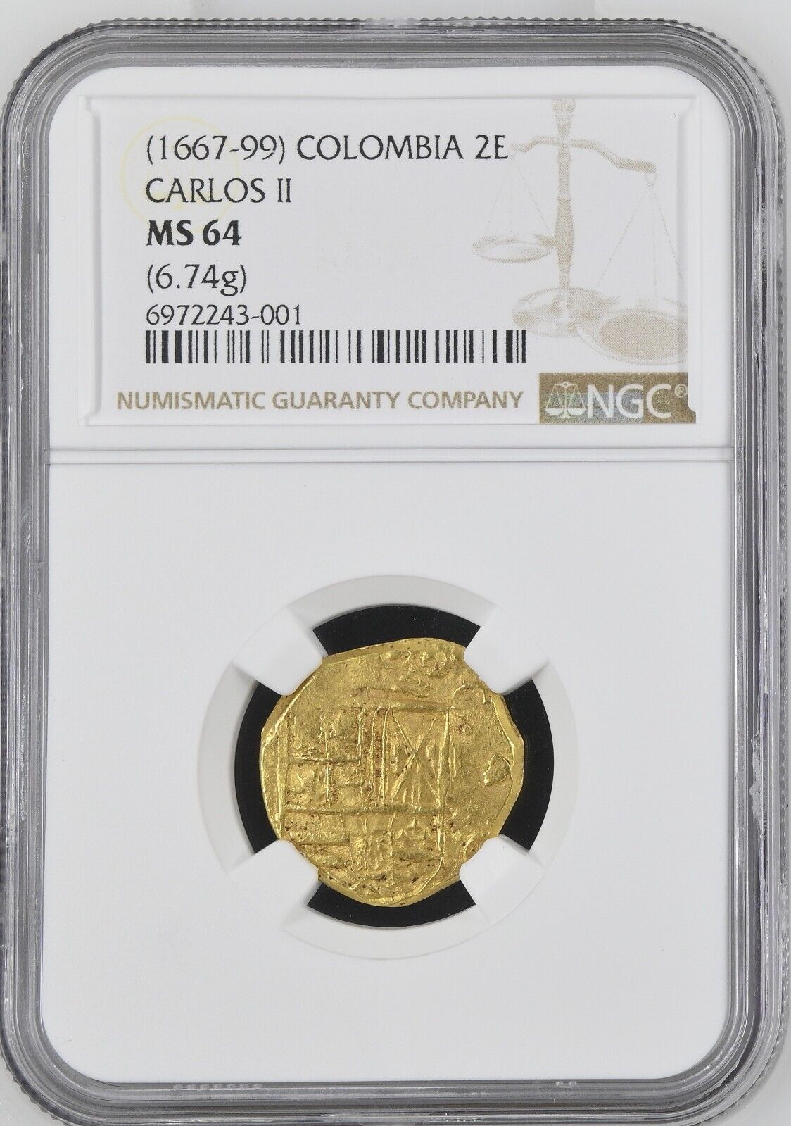 COLOMBIA, Bogotá, gold cob 2 escudos, Charles II, assayer R very rare, NGC MS 64