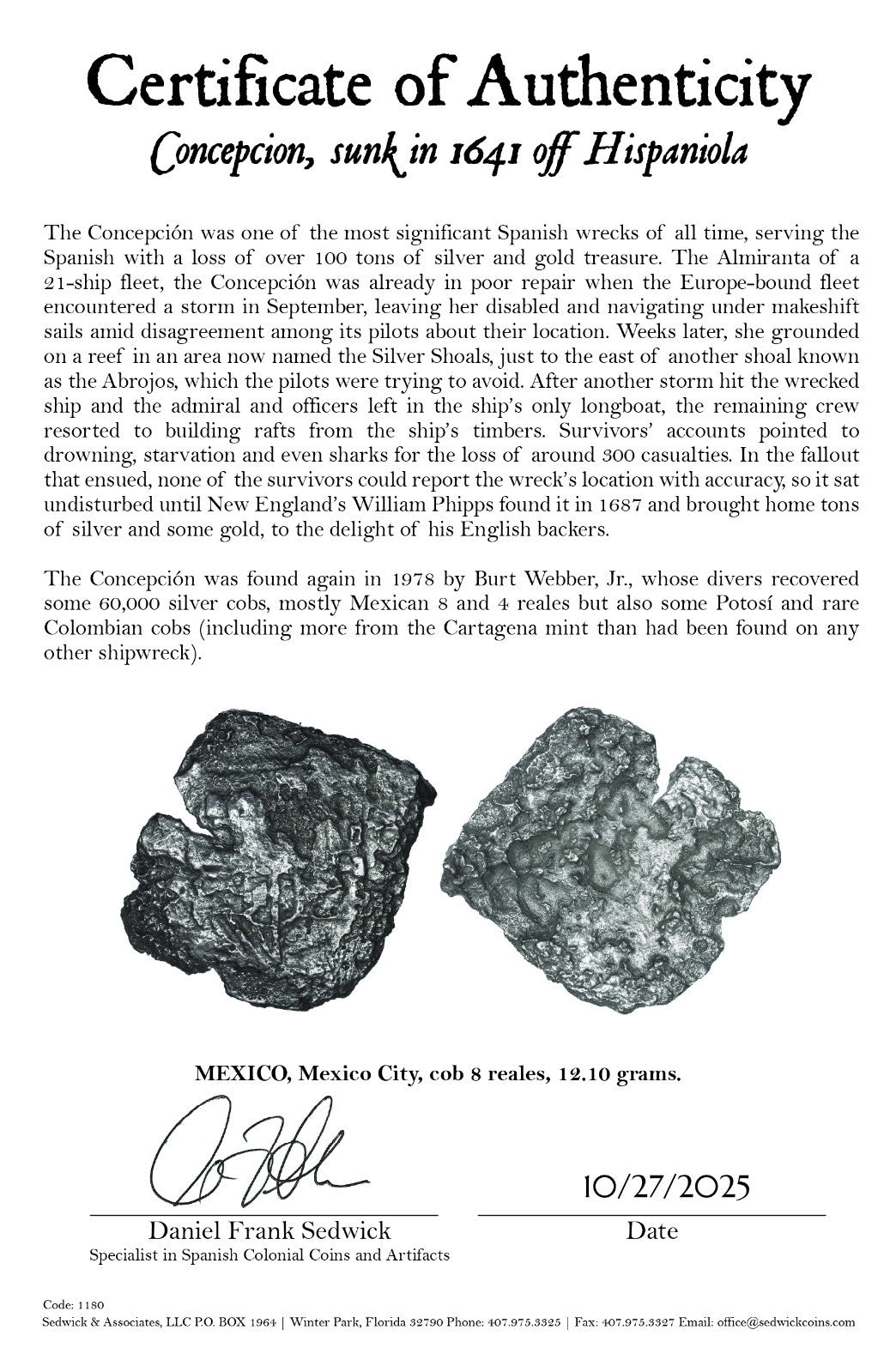 Concepcion Shipwreck (1641) MEXICO Mexico City Silver Cob 8 Reales with COA 1180