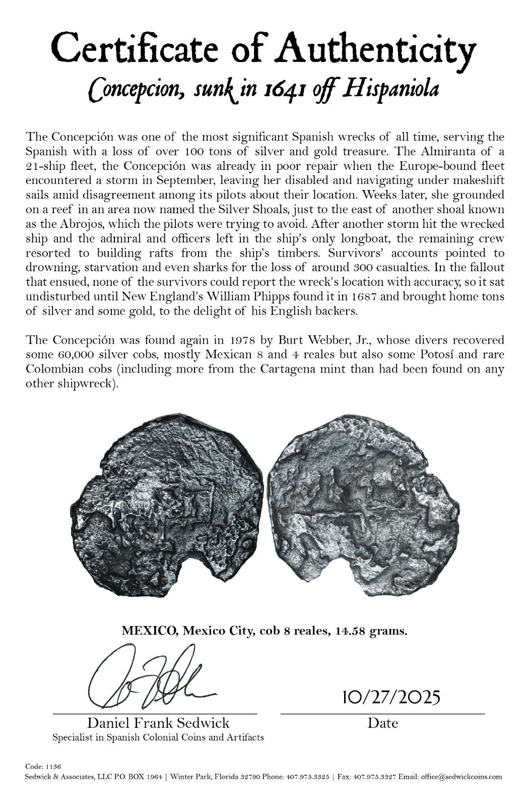 Concepcion Shipwreck (1641) MEXICO Mexico City Silver Cob 8 Reales with COA 1136