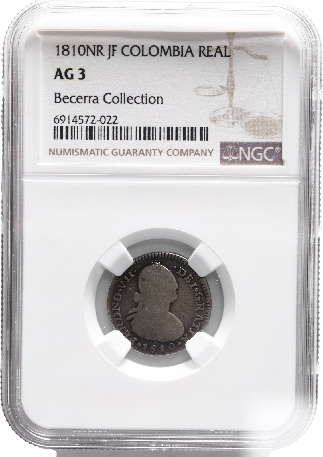 COLOMBIA, Bogotá, bust 1 real, Ferdinand VII, 1810 JF, NGC AG 3, ex-Becerra.