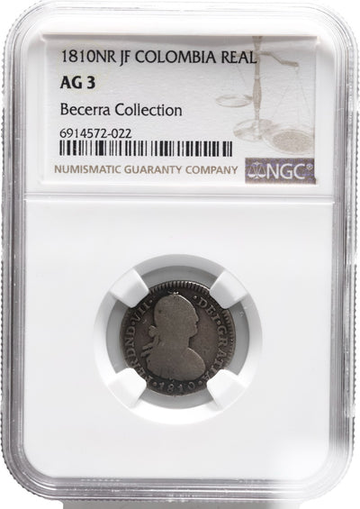 COLOMBIA, Bogotá, bust 1 real, Ferdinand VII, 1810 JF, NGC AG 3, ex-Becerra.