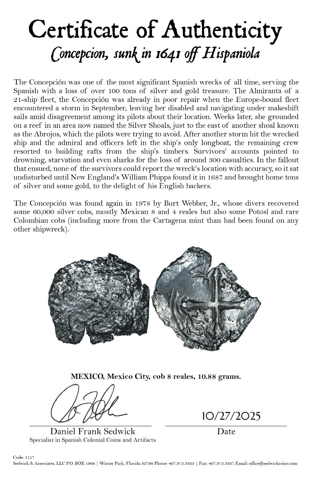 Concepcion Shipwreck (1641) MEXICO Mexico City Silver Cob 8 Reales with COA 1117