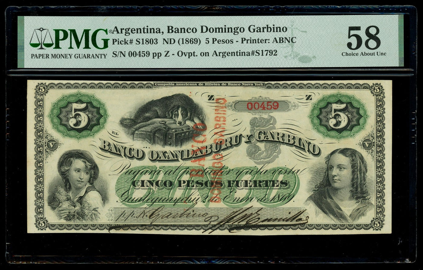 ARGENTINA Gualeguaychu Banco Domingo Garbino 5 Pesos 1869 PMG AU 58 ex-Bauman
