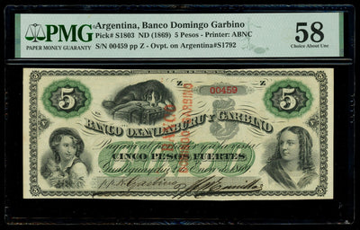 ARGENTINA Gualeguaychu Banco Domingo Garbino 5 Pesos 1869 PMG AU 58 ex-Bauman