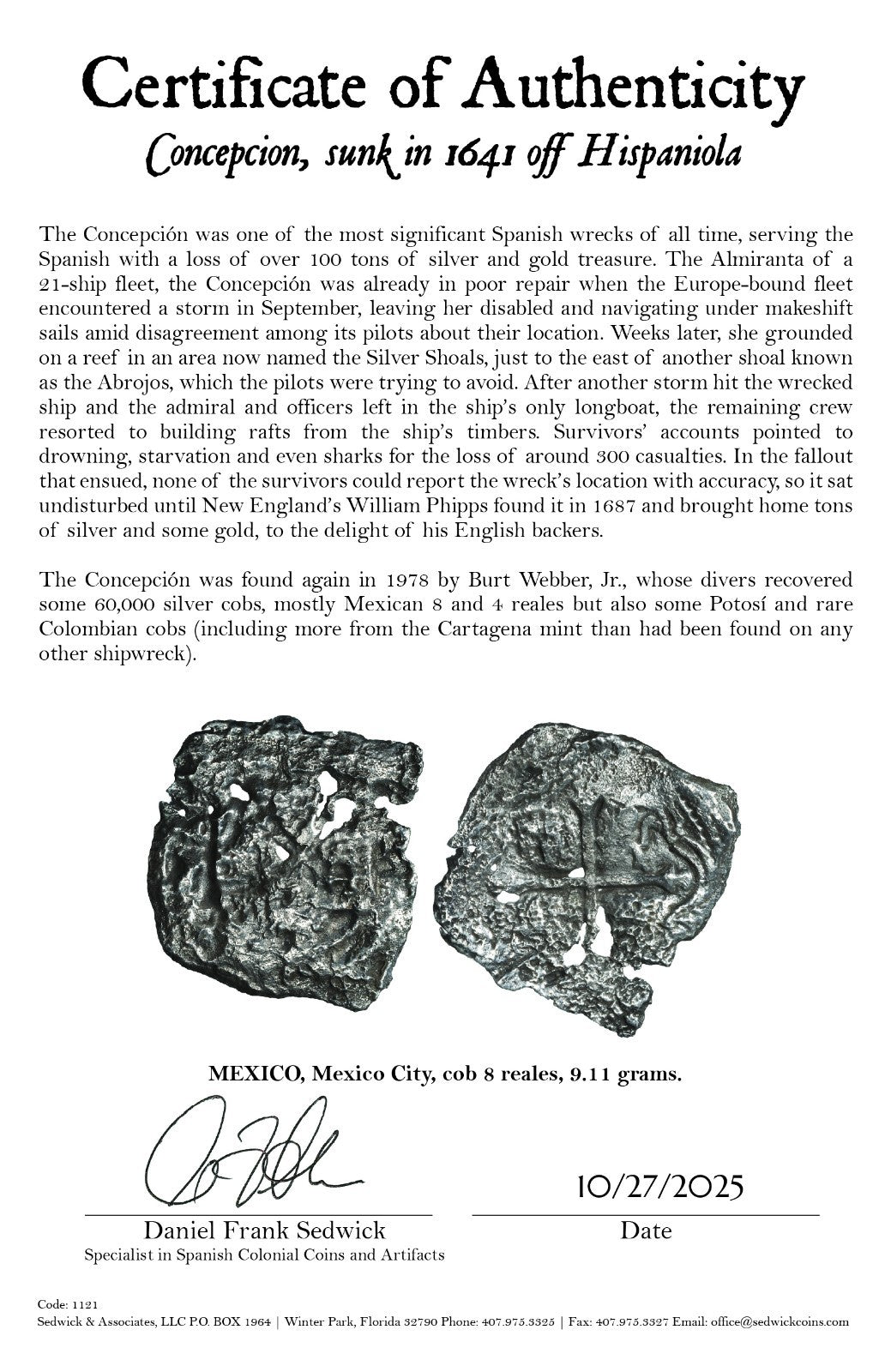 Concepcion Shipwreck (1641) MEXICO Mexico City Silver Cob 8 Reales with COA 1121