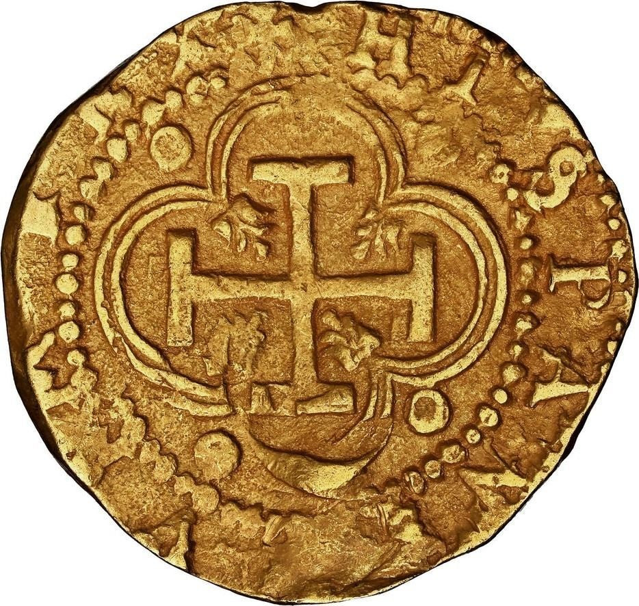 SPAIN, Toledo, gold cob 2 escudos, Philip II, assayer M-in-circle below mintmark