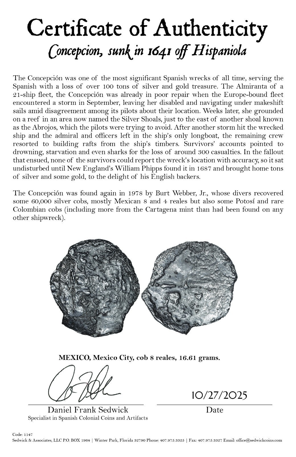 Concepcion Shipwreck (1641) MEXICO Mexico City Silver Cob 8 Reales with COA 1147