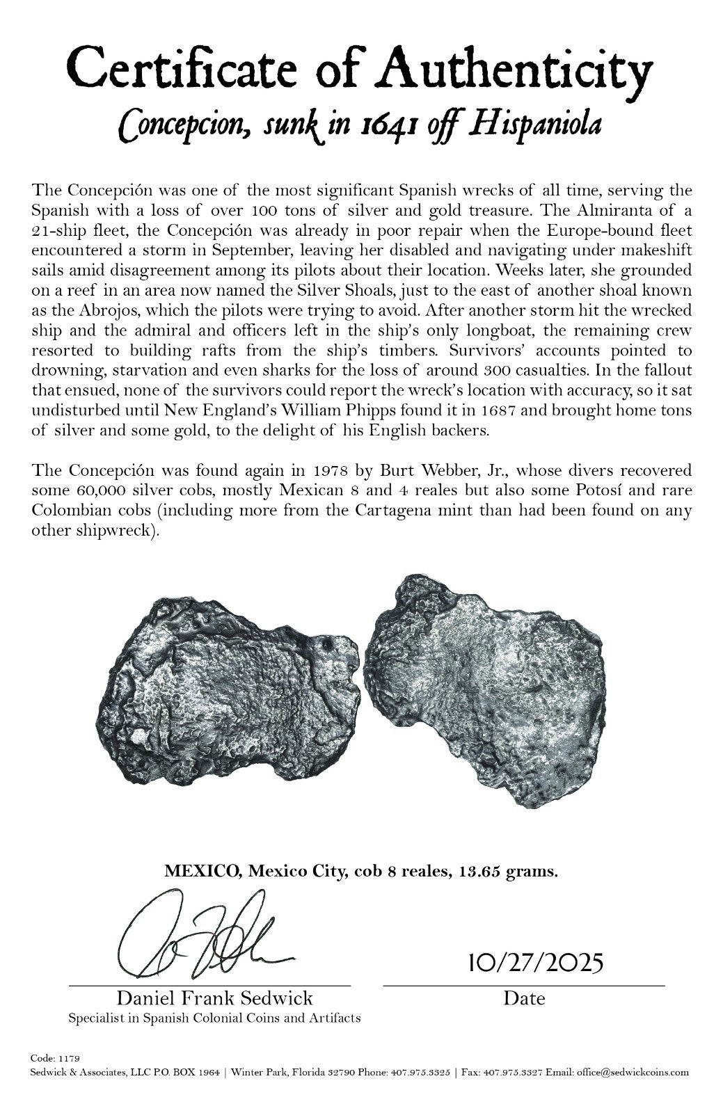 Concepcion Shipwreck (1641) MEXICO Mexico City Silver Cob 8 Reales with COA 1179