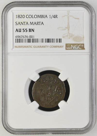 COLOMBIA, Santa Marta, copper ¼ real, Ferdinand VII, 1820, NGC AU 55 BN.