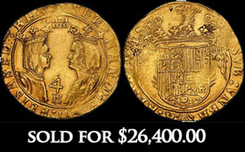 Segovia, Spain, gold 4 excelentes, Ferdinand-Isabel, mintmark at top, denomination Arabic 4 above K