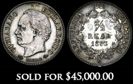 Venezuela (struck at the Paris Mint by Barre), silver essai 1/2 real, 1863 E, extremely rare