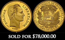 Venezuela (struck at the Paris Mint by Barre), gold essai (5 venezolanos), 1875 A, reeded edge