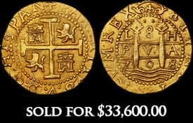 Lima, Peru, gold cob 8 escudos, 1708 H, NGC MS 63 (1715 Fleet Label), ex-Pullin.