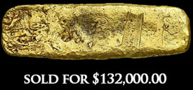 Gold bar ingot from the 1715 Fleet, 915 grams, marked with fineness XXII (22K), tax stamp